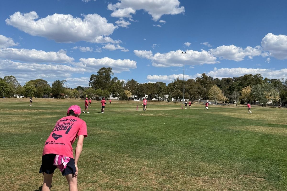 Players wearing pink shirts take part in a cricket match on a grassy oval during a Pink Stumps Day fundraising event.